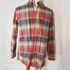 Size M Orvis Men's 100% Cotton  Plaid Shirt. Preowned. Long Sleeves, Red/Blue..
